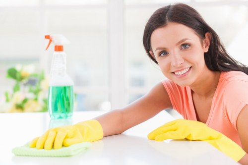 Carpet cleaning professional preparing equipment with safety focus