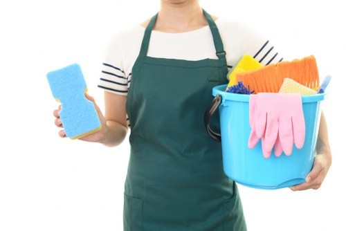 Professional carpet cleaning team working with protective equipment